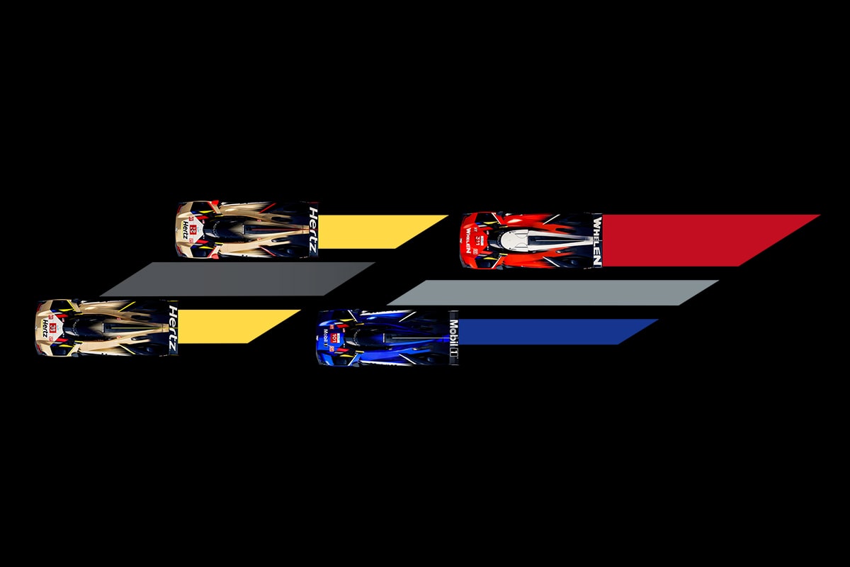 Top View of the Yellow, Blue, and Red Cadillac V-Series.R Racecars with Streaks Behind Them