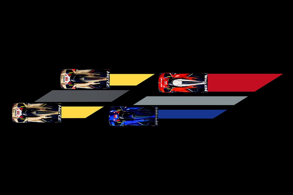 Top View of the Yellow, Blue, and Red Cadillac V-Series.R Racecars with Streaks Behind Them