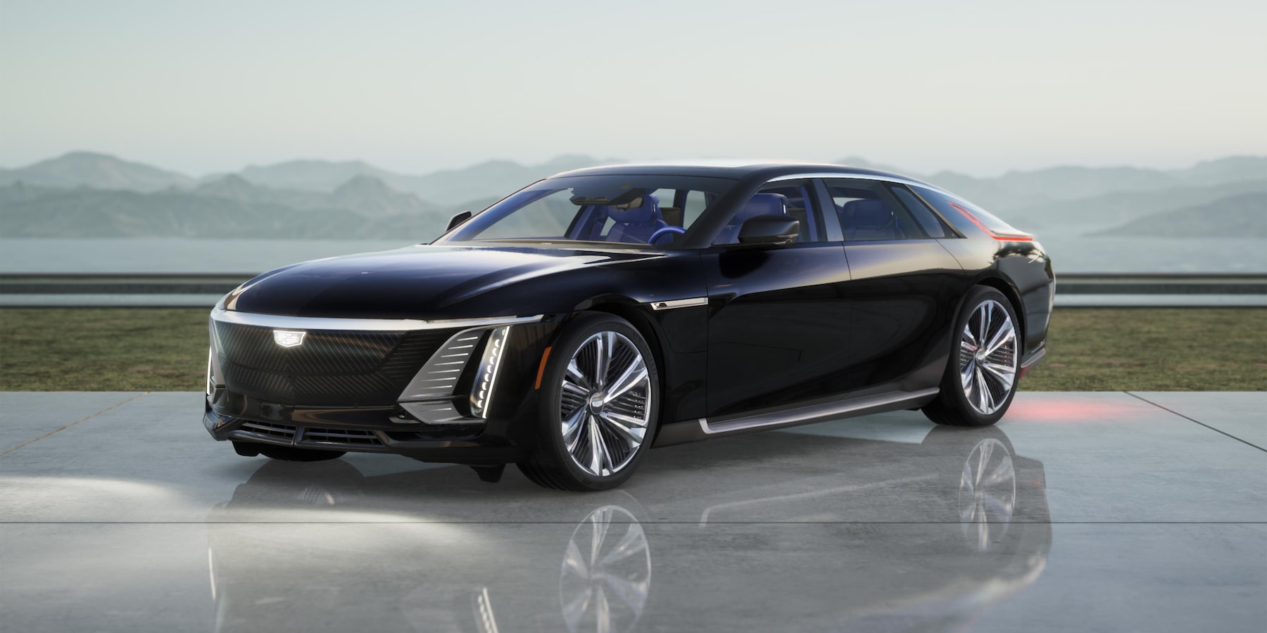 Black 2024 Cadillac celestiq EV parked on glossy concrete driveway