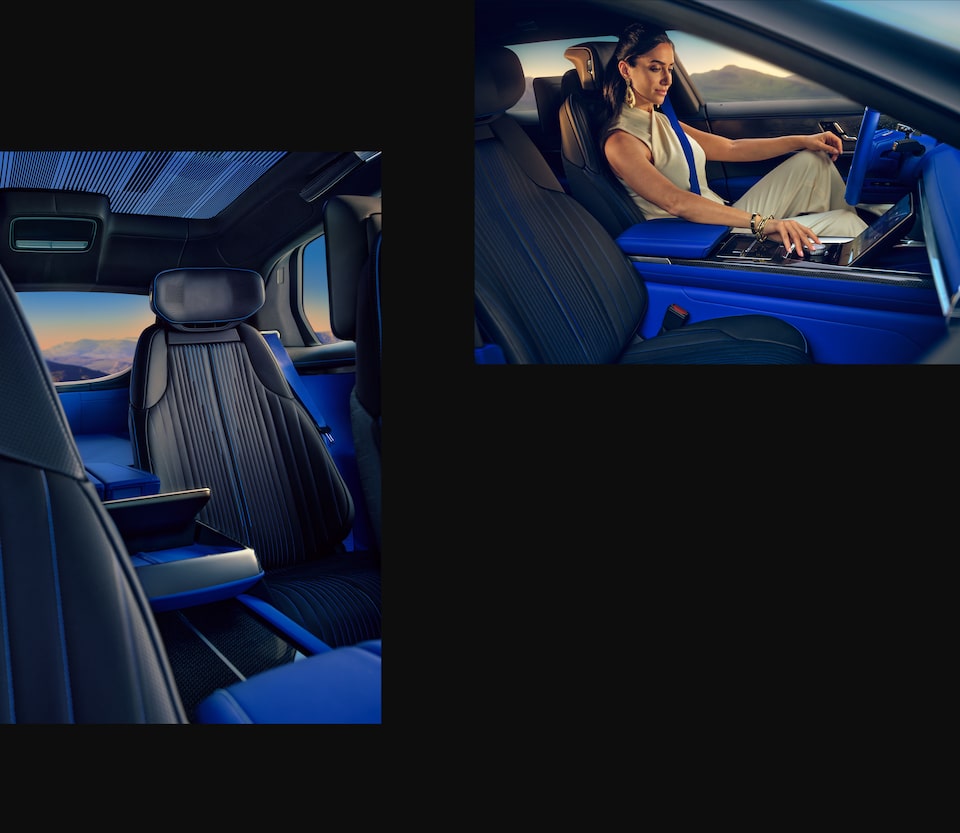 A Woman Uses the CELESTIQ's Internal Jewelry to Adjust Settings on Her Infotainment System & The Masterfully Crafted Leather Seating of the Luxurious Cadillac CELESTIQ