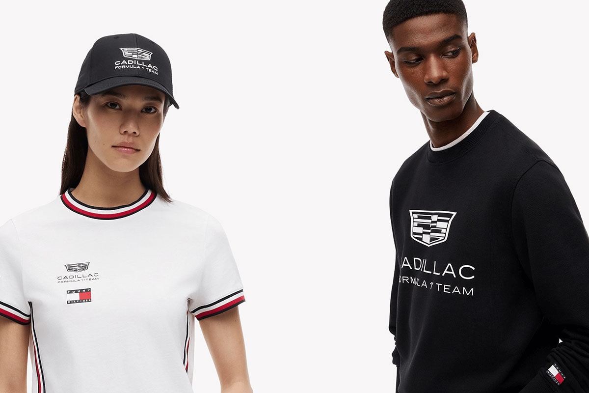 Two Models Wearing Black and White Apparel From the Tommy Hilfiger x Cadillac Formula 1 Team Merchandise Collection