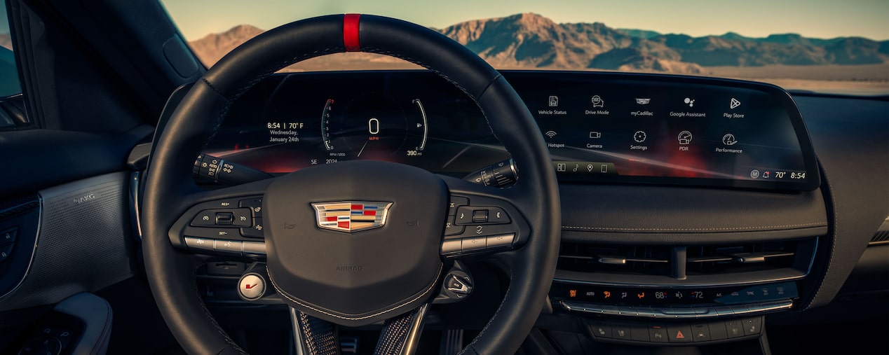 Driver View of the Steering Wheel and Dashboard of a CT5-V Blackwing