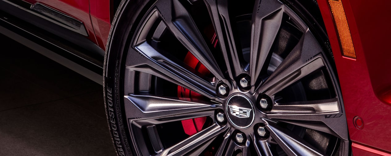 Close-up View of the Cadillac Rim and Tire of an Escalade-V