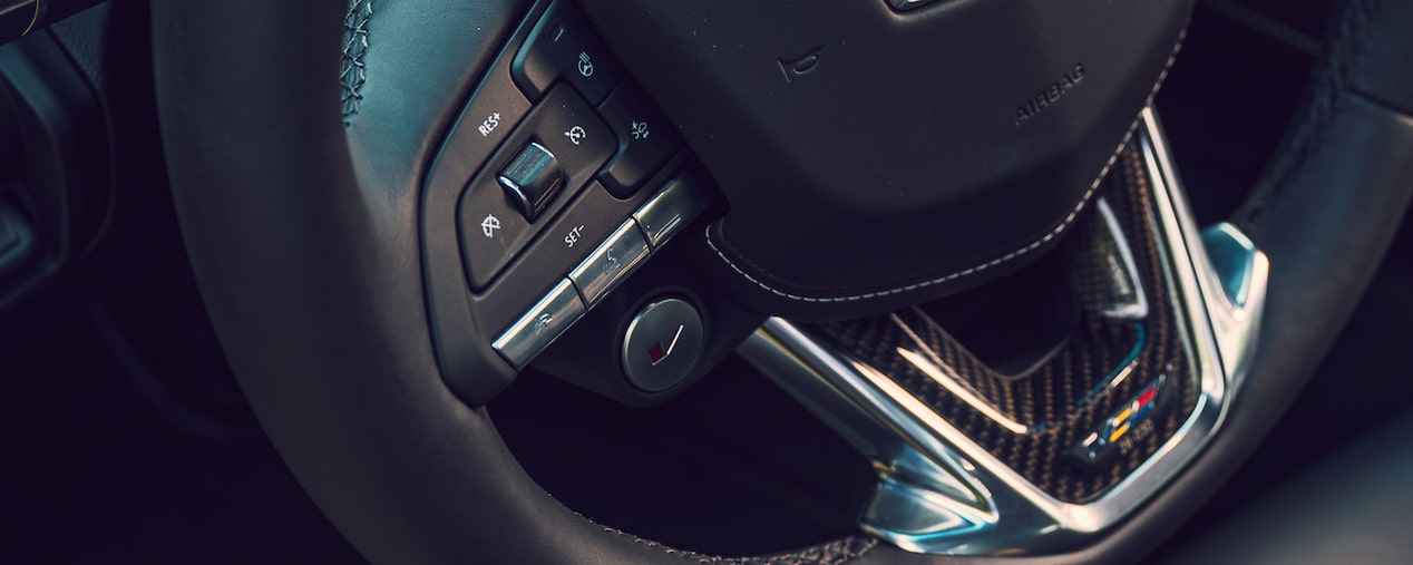 Close-up View of a CT5-V Steering Wheel Buttons